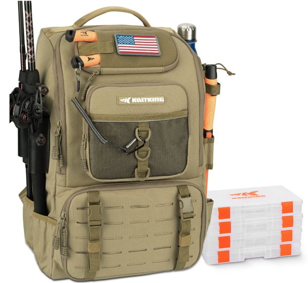 A rugged fishing backpack with multiple compartments, designed for anglers to carry gear and tackle efficiently.