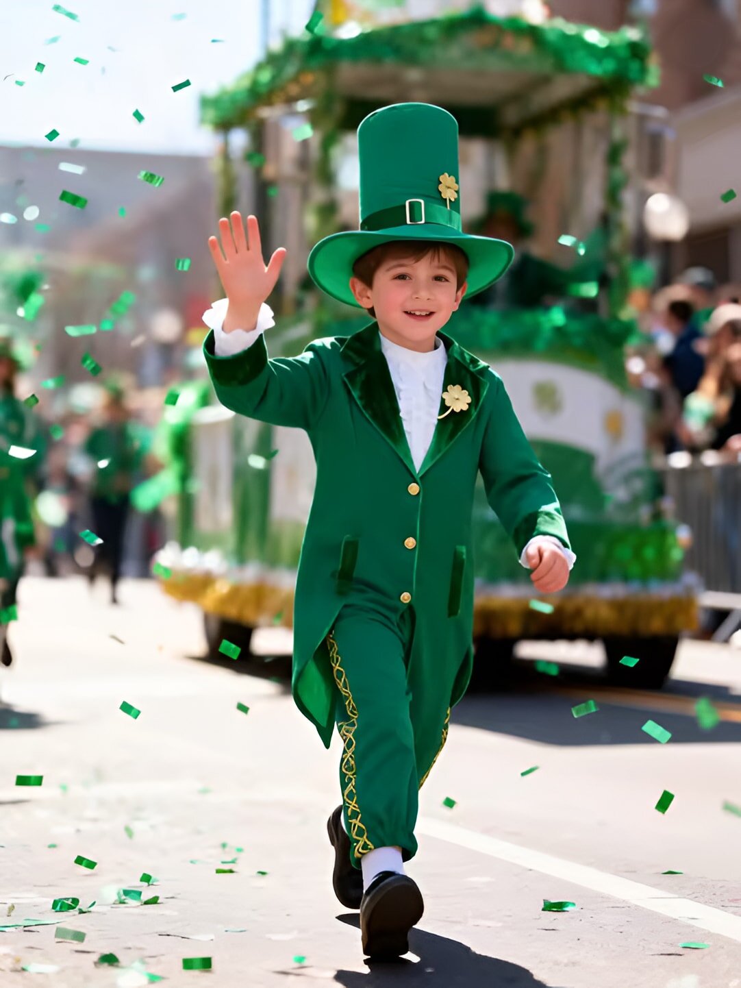 A young boy in a green suit and hat strolls down the street, showcasing a cheerful demeanor.