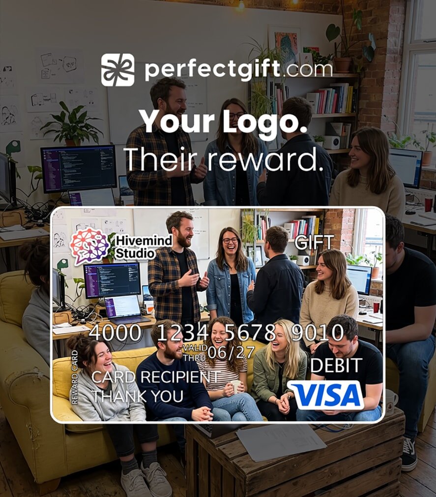 Two PerfectGift gift cards side by side, a plain design and a co-branded design with a business logo added
