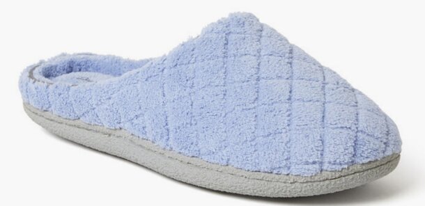 A blue slipper accented with gray trim, ideal for lounging at home.
