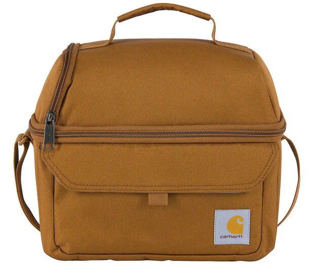 Brown Carhartt lunch bag with a sturdy design, featuring a zippered closure and a durable handle for easy carrying.