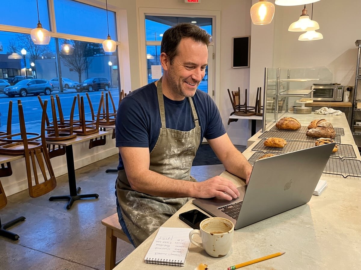 Bakery owner in a flour-dusted apron smiling at his laptop at the shop counter after closing