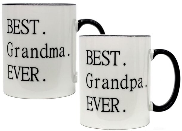 A white mug with the text "Best Grandma Ever" in colorful, playful font, surrounded by small heart graphics.