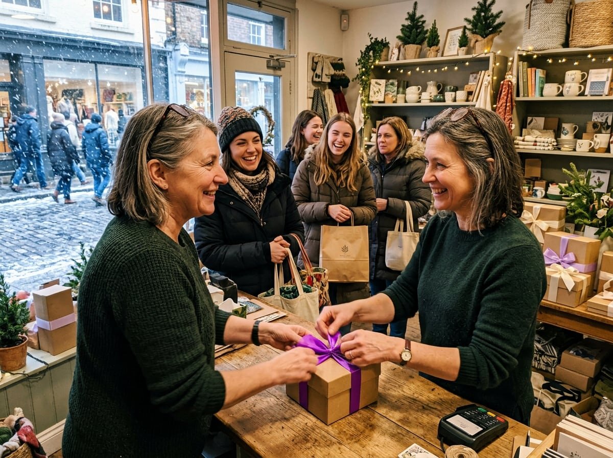 Boutique owner wrapping a gift with a purple ribbon for a customer as a small line of shoppers waits on a busy winter Saturday