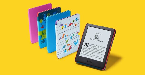 Amazon Kindle Paperwhite e-reader displaying a book cover on its screen, set against a soft, blurred background.