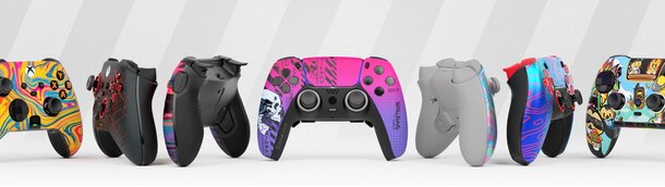 A collection of various video game controllers showcasing unique designs and colors arranged together on a surface.