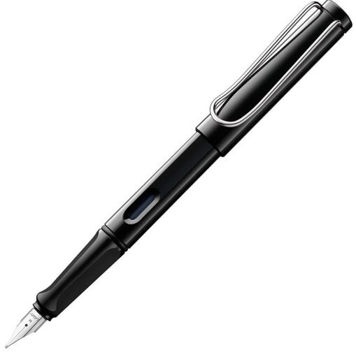 A sleek black fountain pen with a silver clip and nib, angled diagonally. The pen's design is modern and elegant.