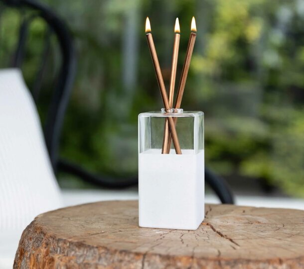 A glass vase containing three incense sticks, standing upright and ready for use.
