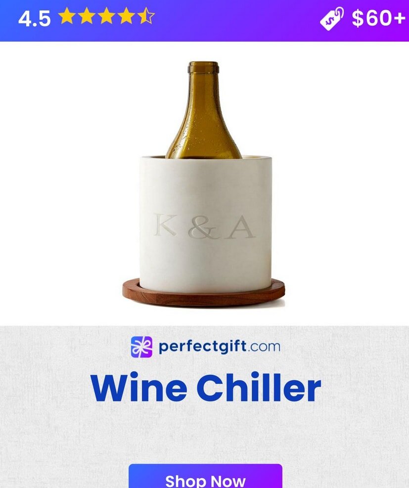 Wine chiller with bottle, rated 4.5 stars, priced $60+. Available at perfectgift.com. Shop now for a stylish cooling solution.