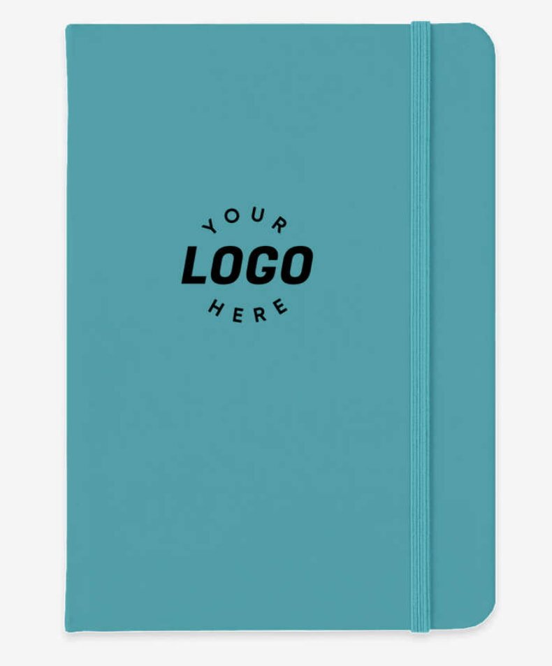 Teal-colored notebook with an elastic band on the right side. The cover has the text "YOUR LOGO HERE" in bold black letters, indicating customization options.