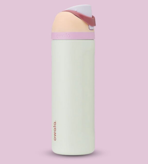 A white and pink water bottle featuring a pink lid, designed for hydration on the go.
