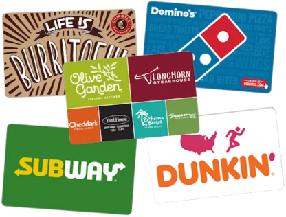 A variety of restaurant gift cards.