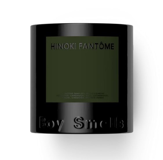 Black candle labeled "Hinoki Fantôme" by Boy Smells, featuring a minimalist design with embossed branding on the base.