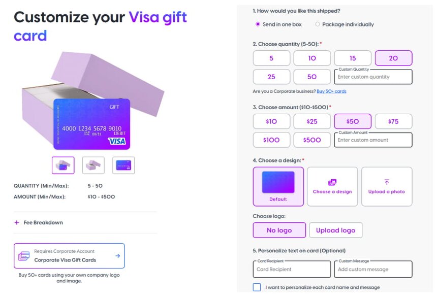 Visa gift card displayed prominently on the website, showcasing its design and features for potential buyers.