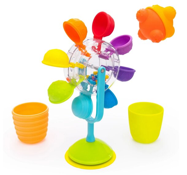 A colorful toy windmill featuring cups and a cup holder, designed for imaginative play and outdoor fun.