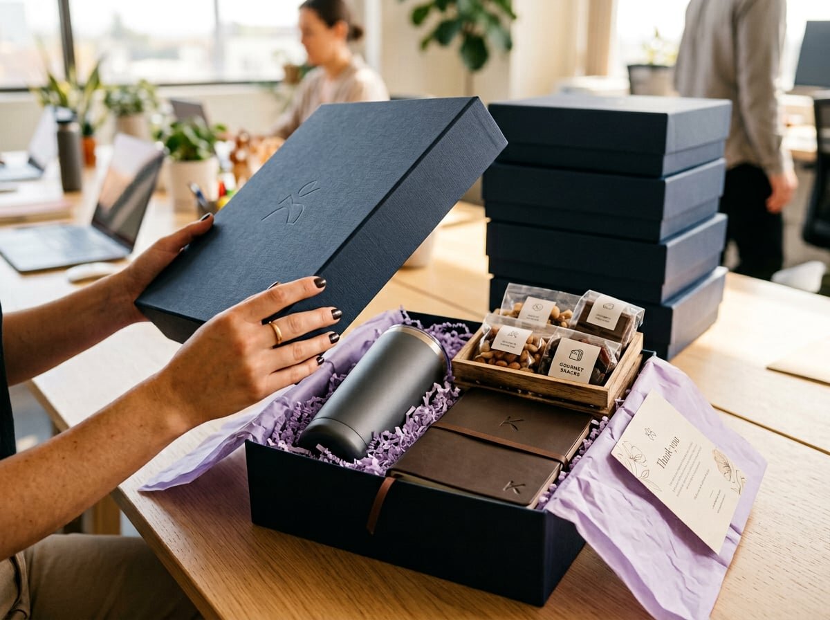 Hands opening a custom corporate gift box filled with a tumbler, notebook, and snacks, with more gift boxes stacked in the background.