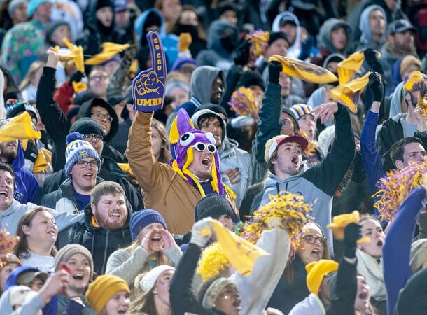 A vibrant crowd in a stadium waves yellow and purple flags, creating a lively atmosphere during an event.