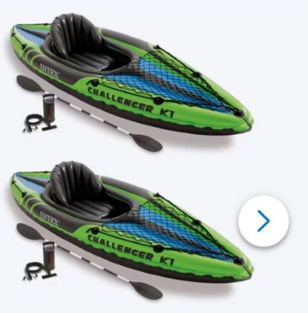 Two identical kayaks in the same design and color are positioned side by side on a calm water surface.