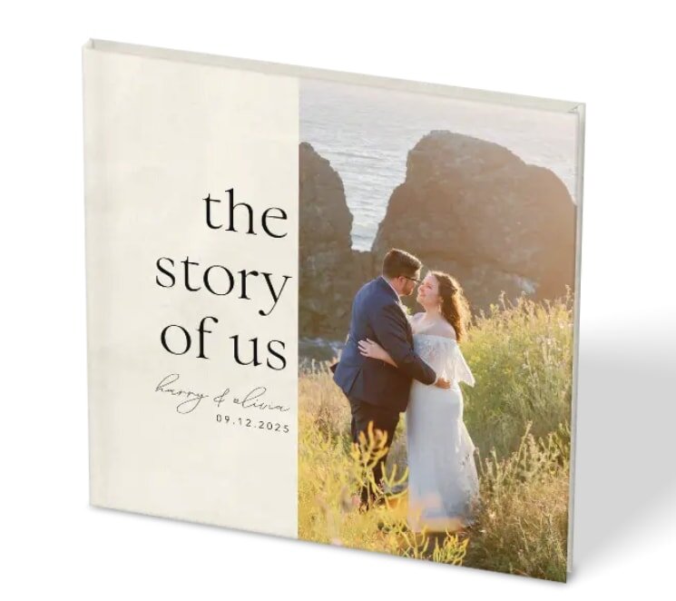 Wedding album titled "The Story of Us," showcasing memorable moments from the couple's journey together.
