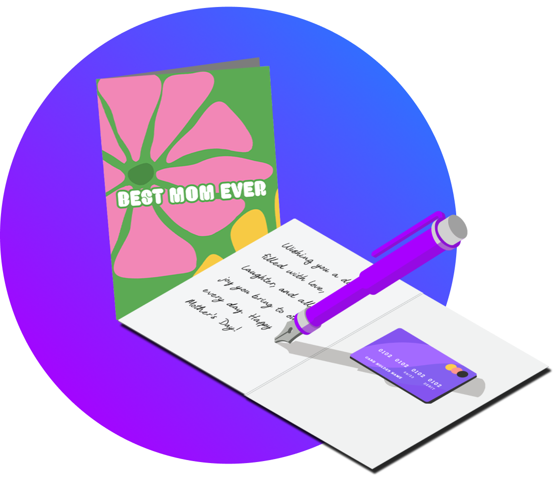 Two customized greeting cards. One opened with text and a gift card inside. 