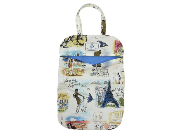 A white tote bag featuring a blue and white printed design, ideal for casual outings or shopping trips.