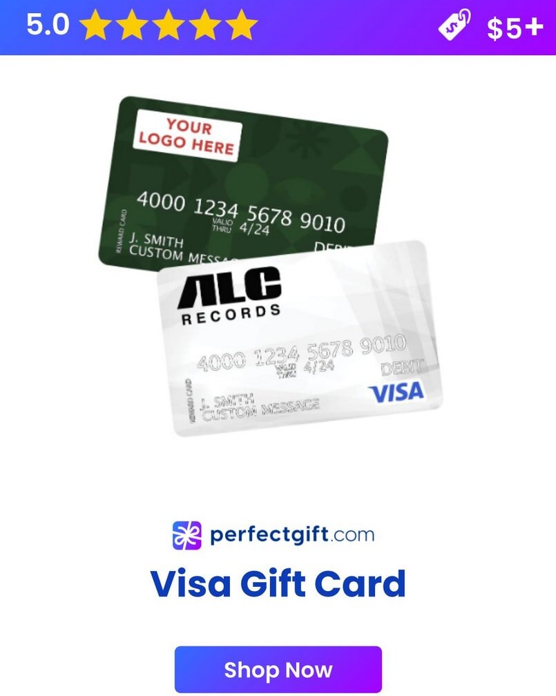 Visa gift card displayed as the perfect gift option, featuring a sleek design and vibrant colors.
