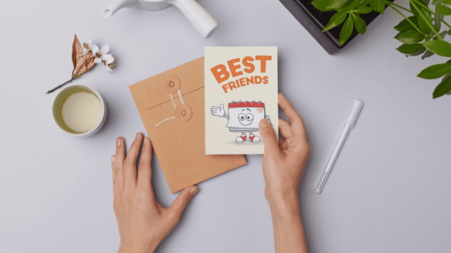 Two hands hold a card reading "Best Friends," featuring a smiling block character. Nearby are an envelope, a pen, a drink, a flower, and green plants on a light surface.
