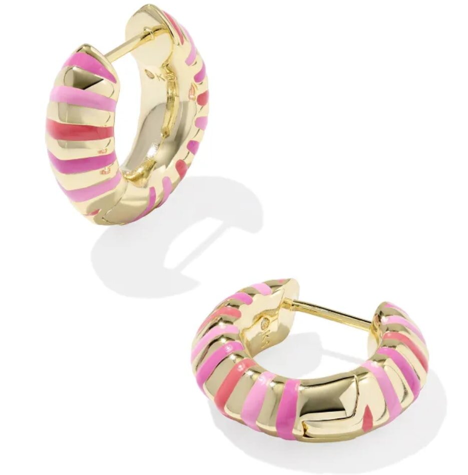 Pink and gold striped hoop earrings with a stylish design, perfect for adding a pop of color to any outfit.