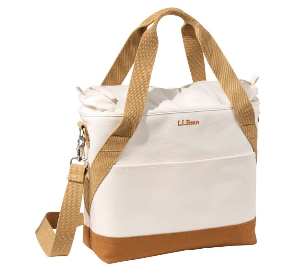 White and brown LLBean tote bag with long straps