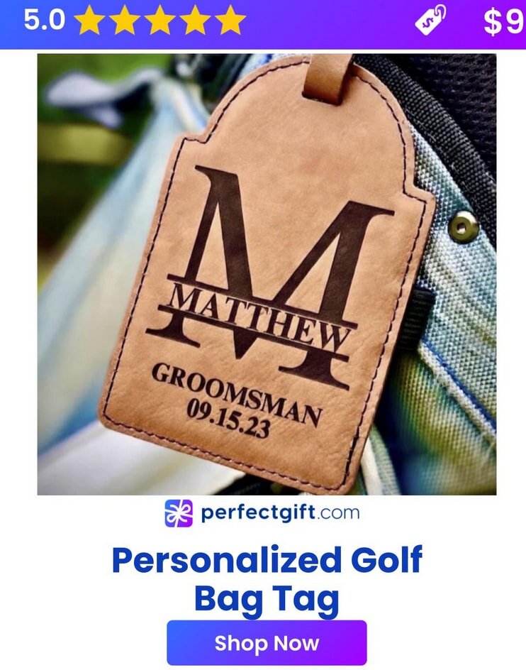Personalized golf bag tag featuring a custom name and design, ideal for identifying your golf equipment on the course.  