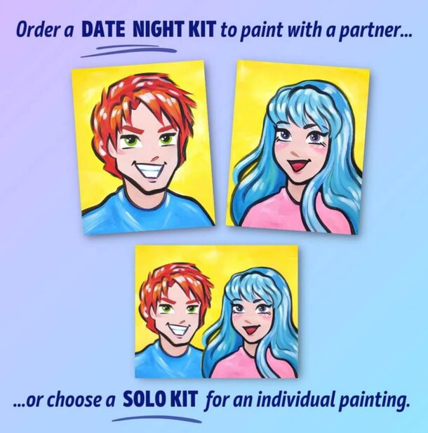 A couple of individuals, one with blue hair and the other with red hair, standing together and smiling.