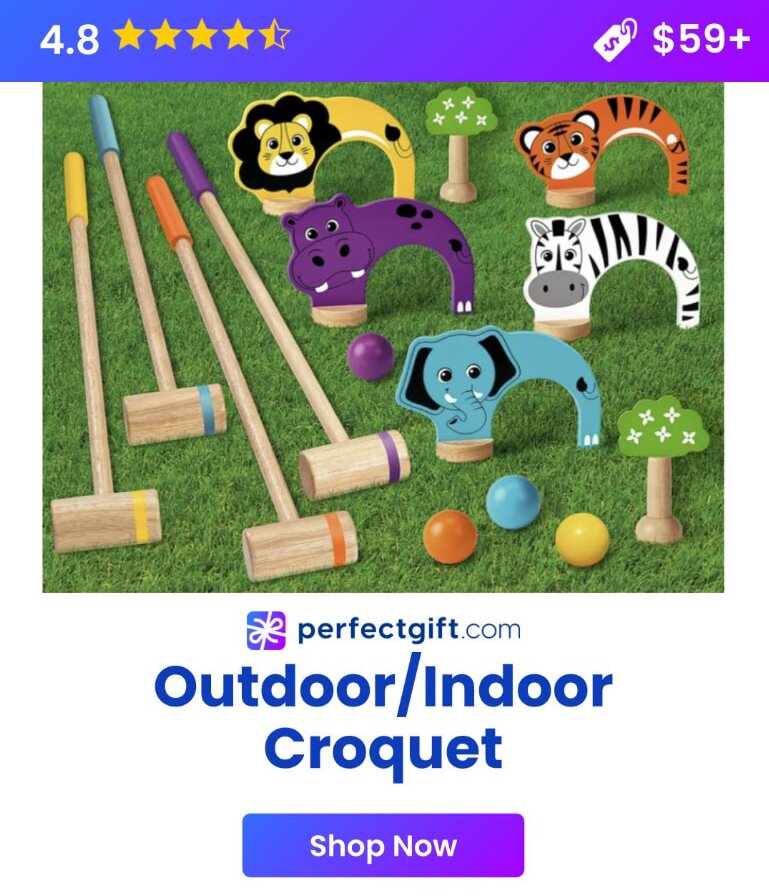 Colorful outdoor croquet set designed as the perfect gift for kids, featuring mallets, balls, and wickets.