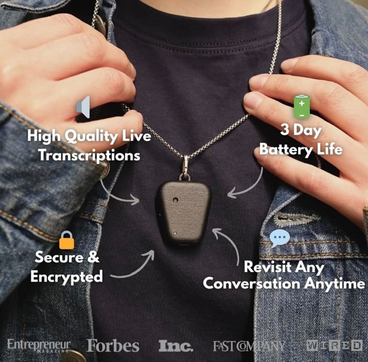 A person wearing a pendant-style tech gadget on a chain, with captions highlighting features: high-quality live transcriptions, 3-day battery life, secure encryption, and ability to revisit conversations. Logos of Entrepreneur, Forbes, Inc., Fast Company, and Wired appear below.