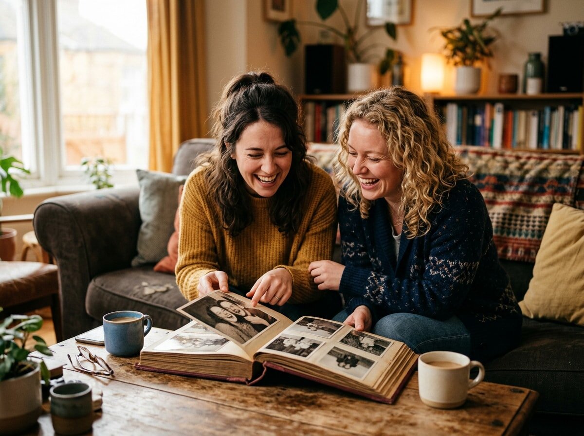 Two friends sharing a warm moment over a photo album, representing the joy of a thoughtful just because gift