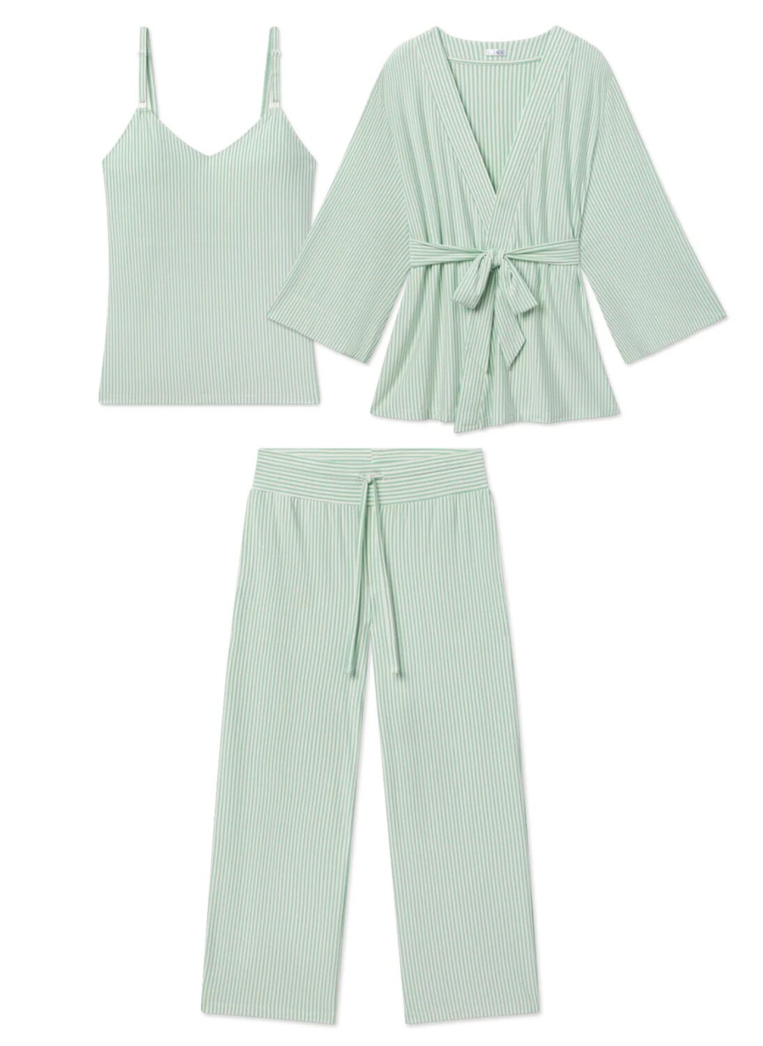 A green pajama set featuring a matching top and pants, designed for comfort and relaxation.