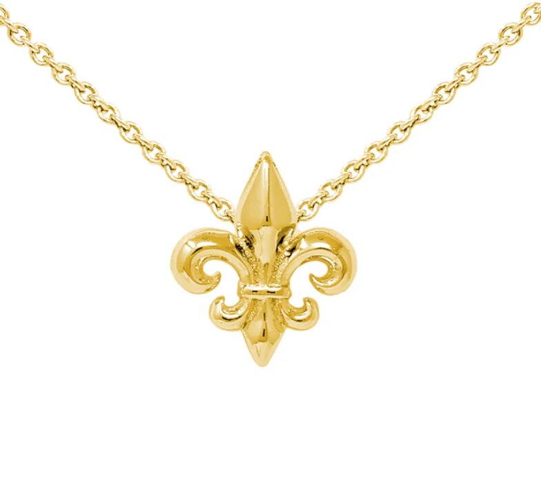 Elegant gold necklace featuring a fleur-de-lis pendant on a delicate chain, conveying a sense of classic sophistication and style.