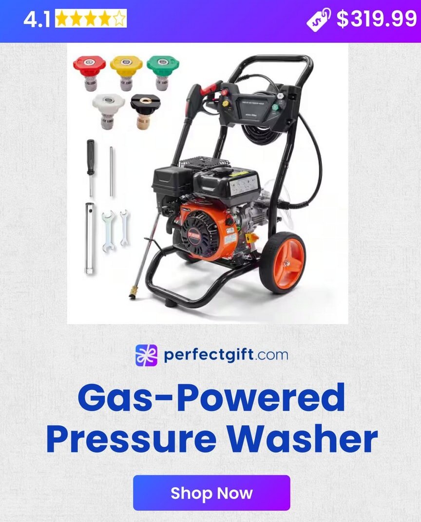 Gas-powered pressure washer with attachments, rated 4.1 stars, priced at $319.99. Available at perfectgift.com. Shop now.