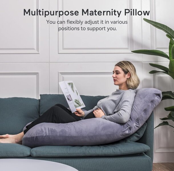 Multi-purpose maternity pillow designed for comfort and support during pregnancy and nursing.