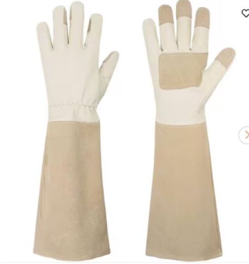 Two long beige gardening gloves, each with reinforced fingertips and a suede patch on one palm. They convey a practical and protective design.