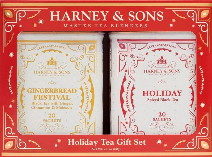 Harney & Sons Holiday Tea Gift Set with Gingerbread Festival and Holiday Spiced Black Tea, 20 sachets each, in festive packaging.