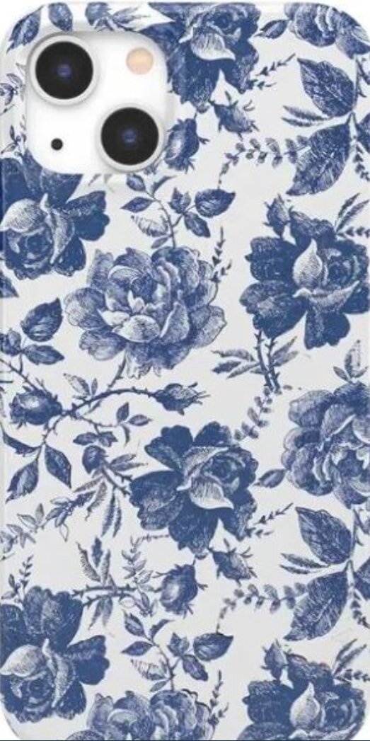 A phone case featuring a blue and white floral pattern, showcasing intricate flowers against a vibrant background.