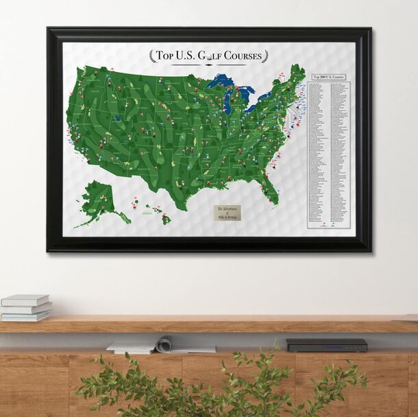 Map of golf courses across the United States, highlighting locations and layouts for various courses.