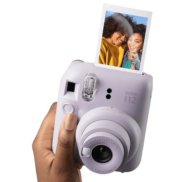 Fujifilm Instax Mini 9 instant camera in pastel blue, featuring a round lens and a built-in flash for instant photo printing.