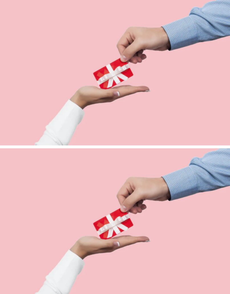 A man presents a gift to a woman, captured in two images showcasing their joyful interaction.