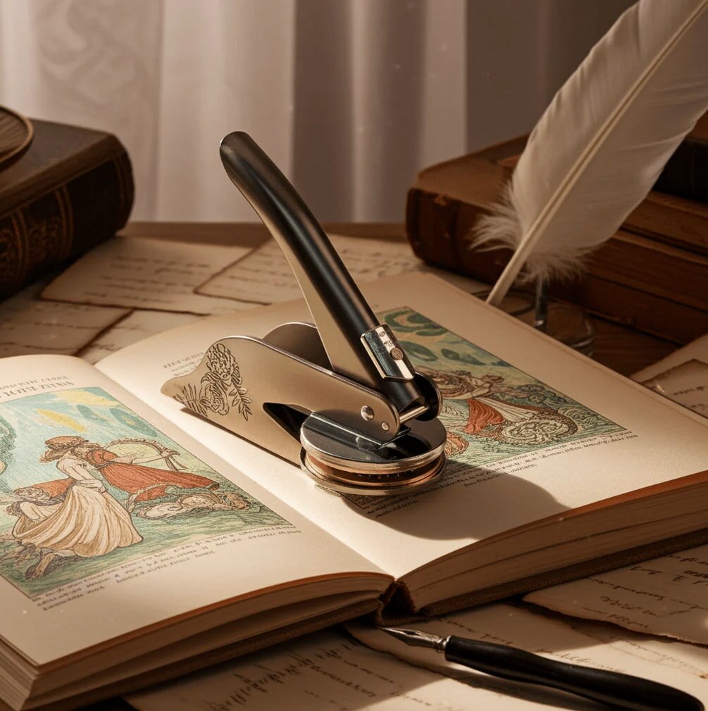 A vintage embossing stamp rests on an open illustrated book, surrounded by aged papers and a quill pen, creating a nostalgic, literary atmosphere.