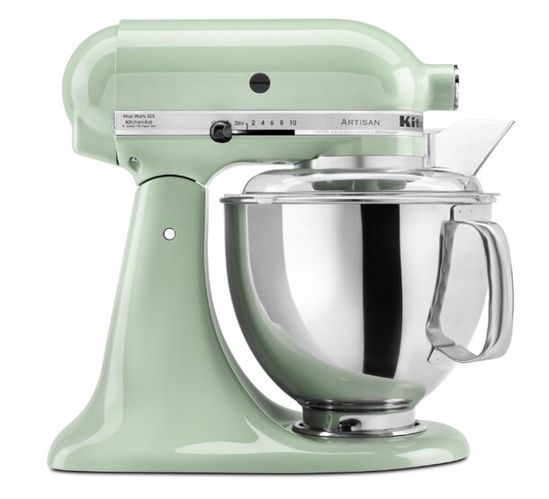 Mint-colored KitchenAid Artisan Series 5-quart stand mixer with a sleek design and stainless steel bowl.