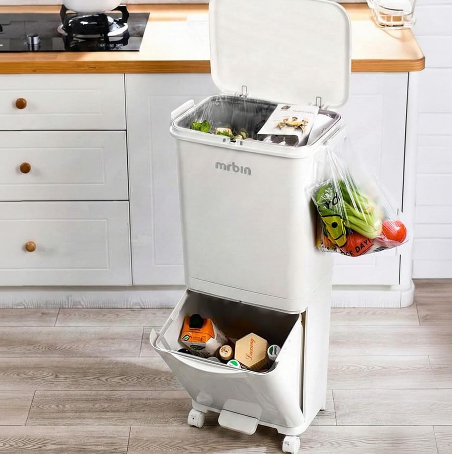 A white trash can with a woven basket placed on top, creating a layered decorative effect.