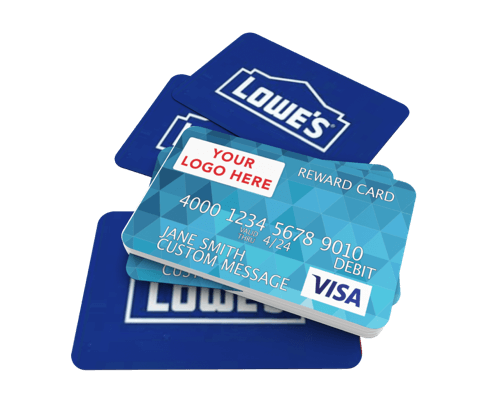 Stack of various cards including a Lowe's reward card and a Visa debit card.