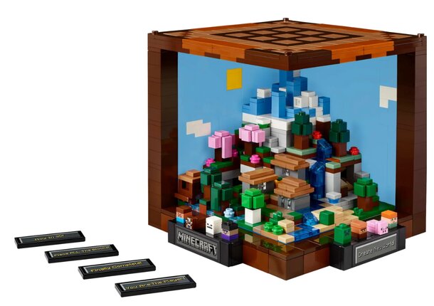 LEGO Minecraft set 21123 featuring a scene titled "The End is Near" with characters and structures from the game.