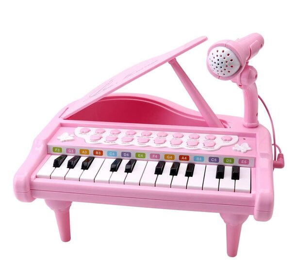 A pink toy piano featuring a microphone and keyboard, designed for children to play and sing along.